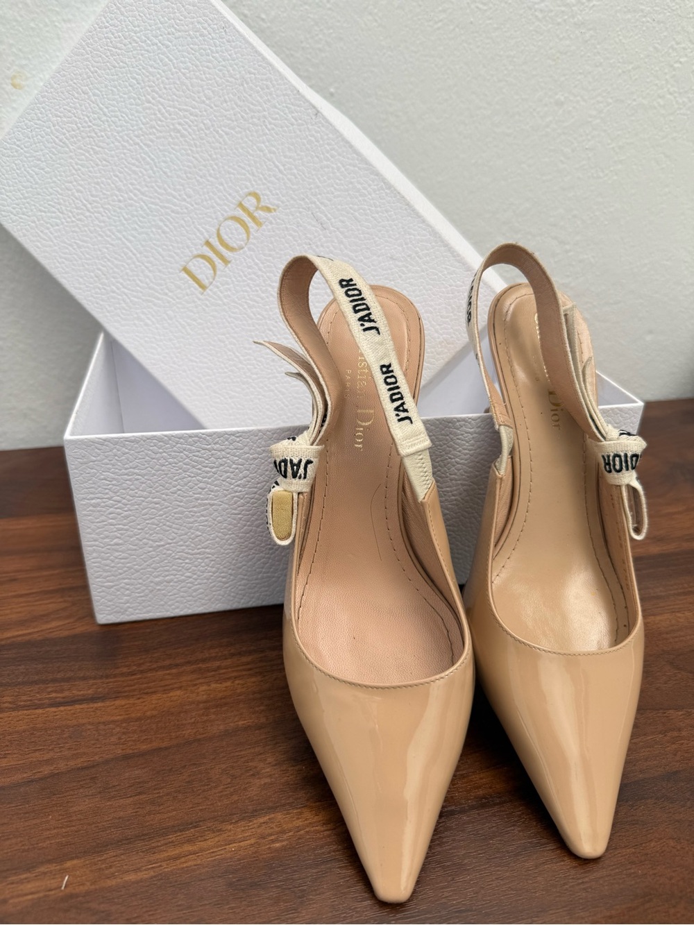 Dior Beige Patent Leather Slingback Pumps with J'Adior Strap